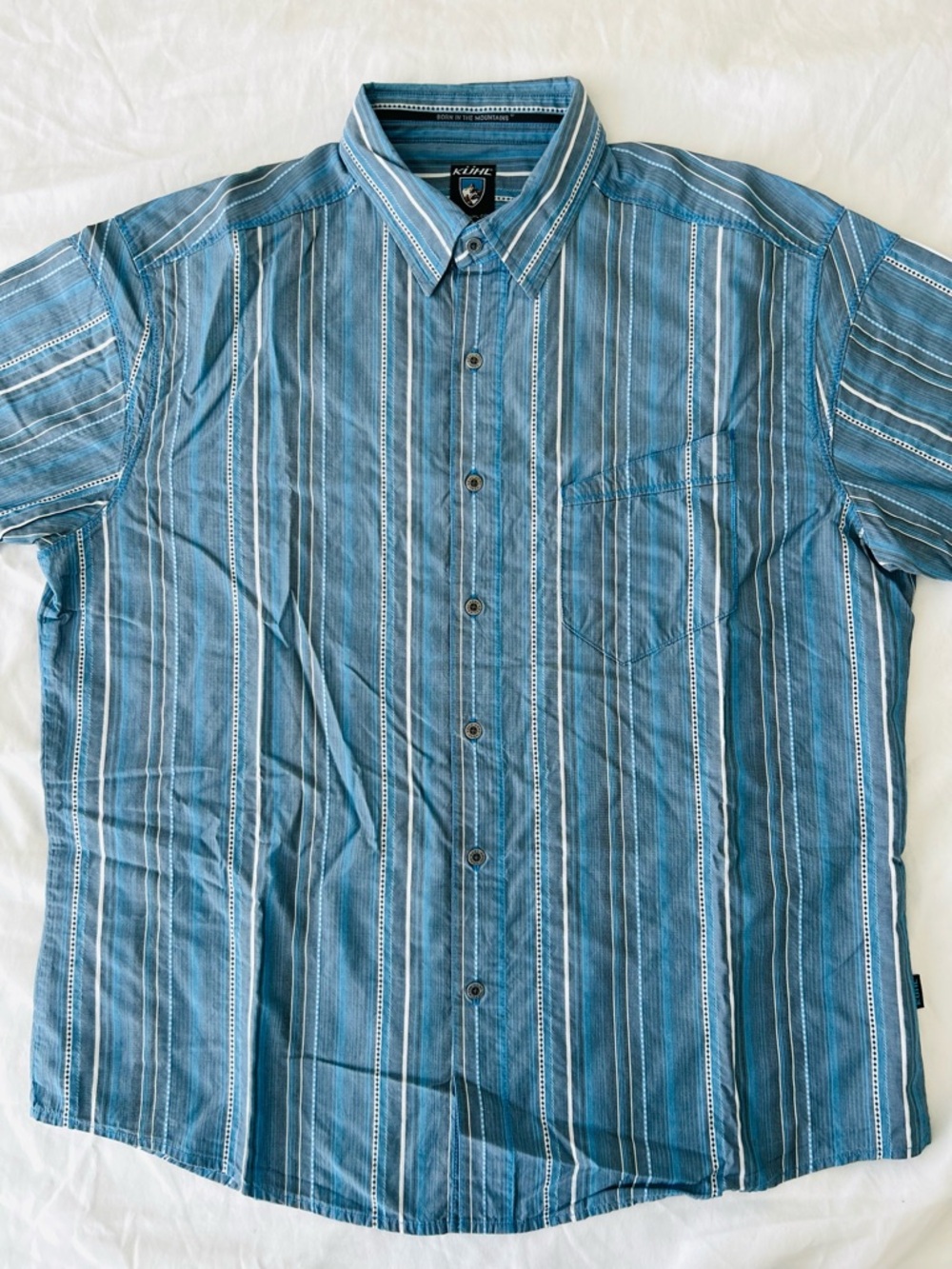 Kuhl Suncel Shirt Button Down Short Sleeve Blue Striped Men's XL Coastal